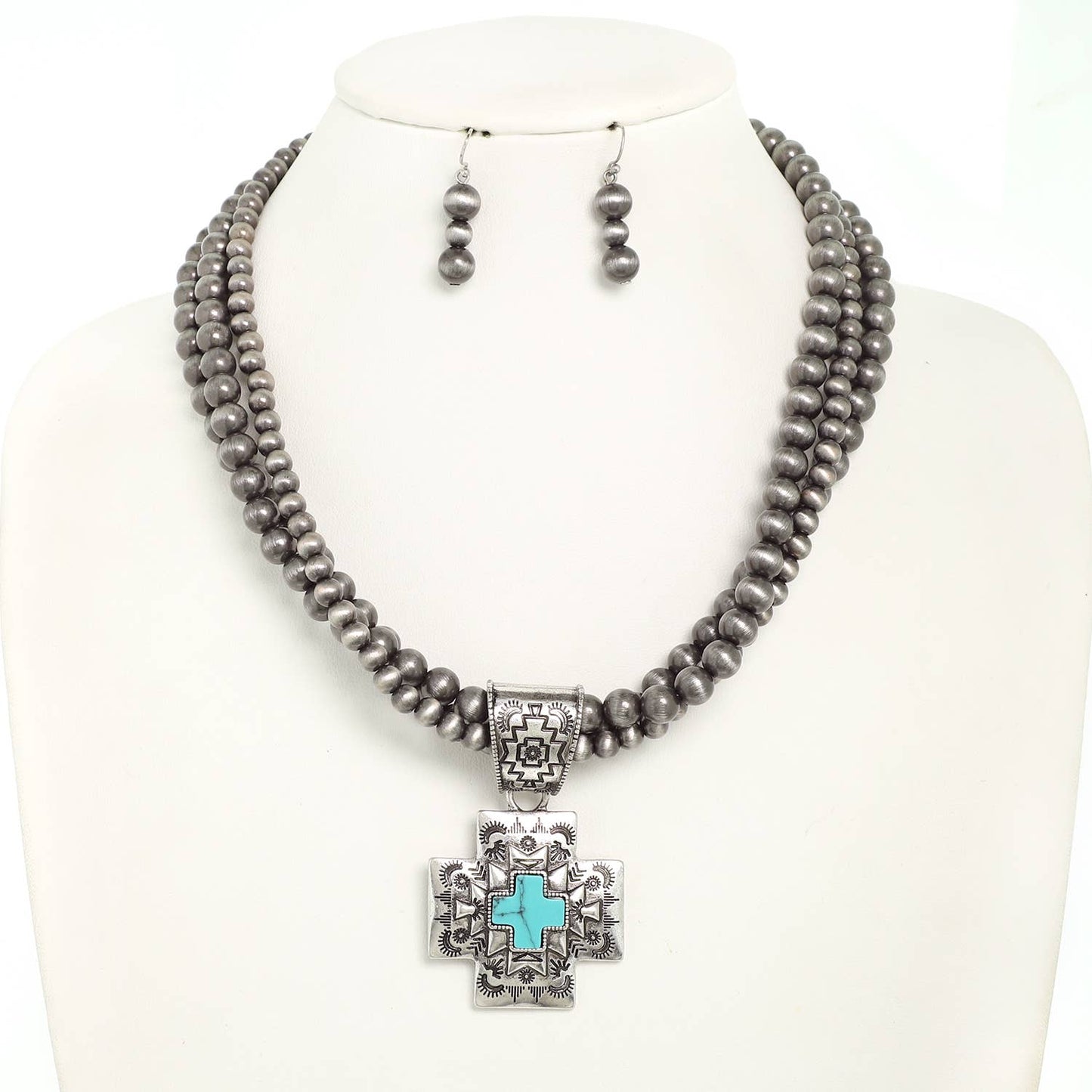 Western Metallic Rock Bead Cross Necklace Set
