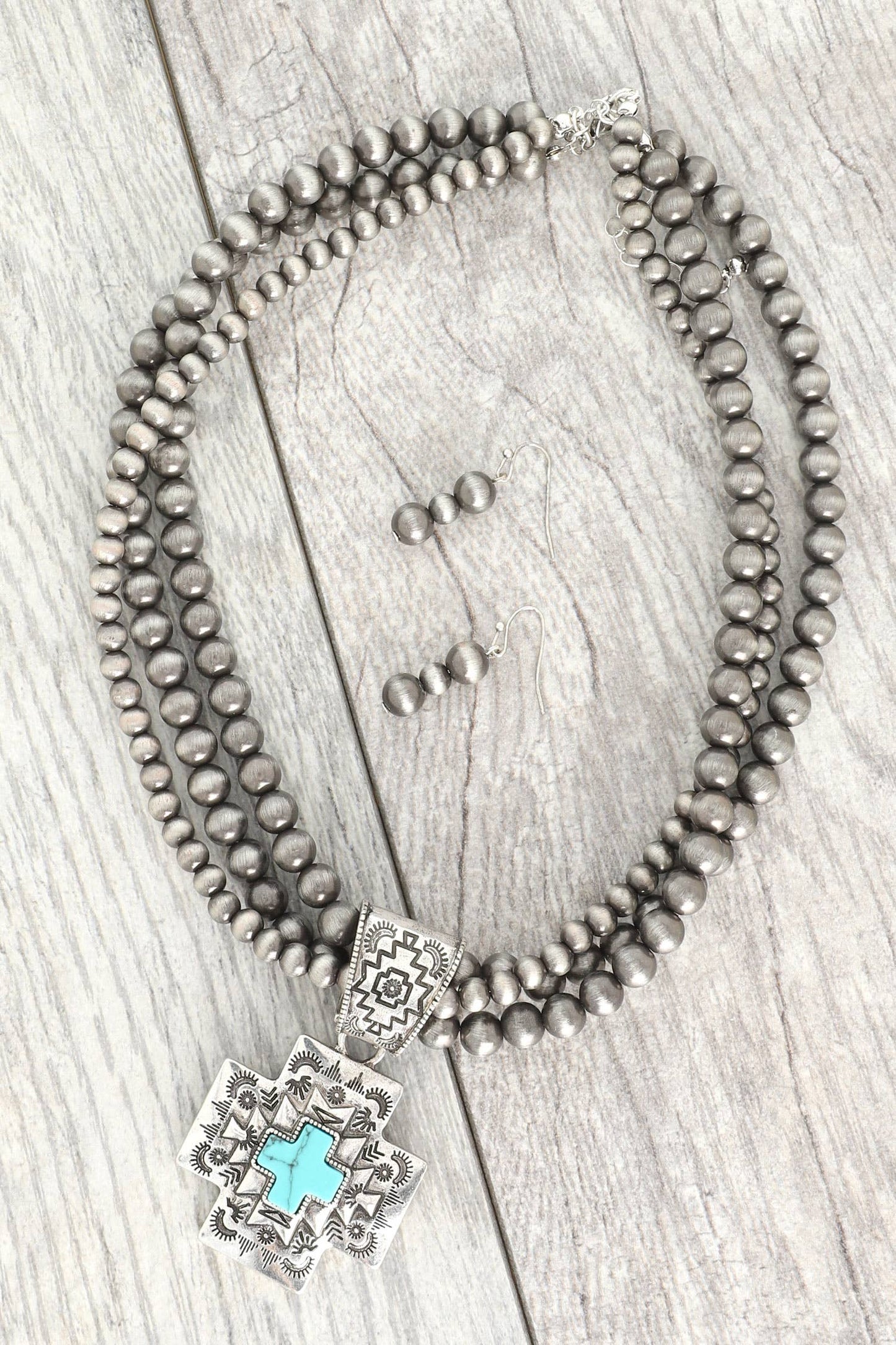 Western Metallic Rock Bead Cross Necklace Set