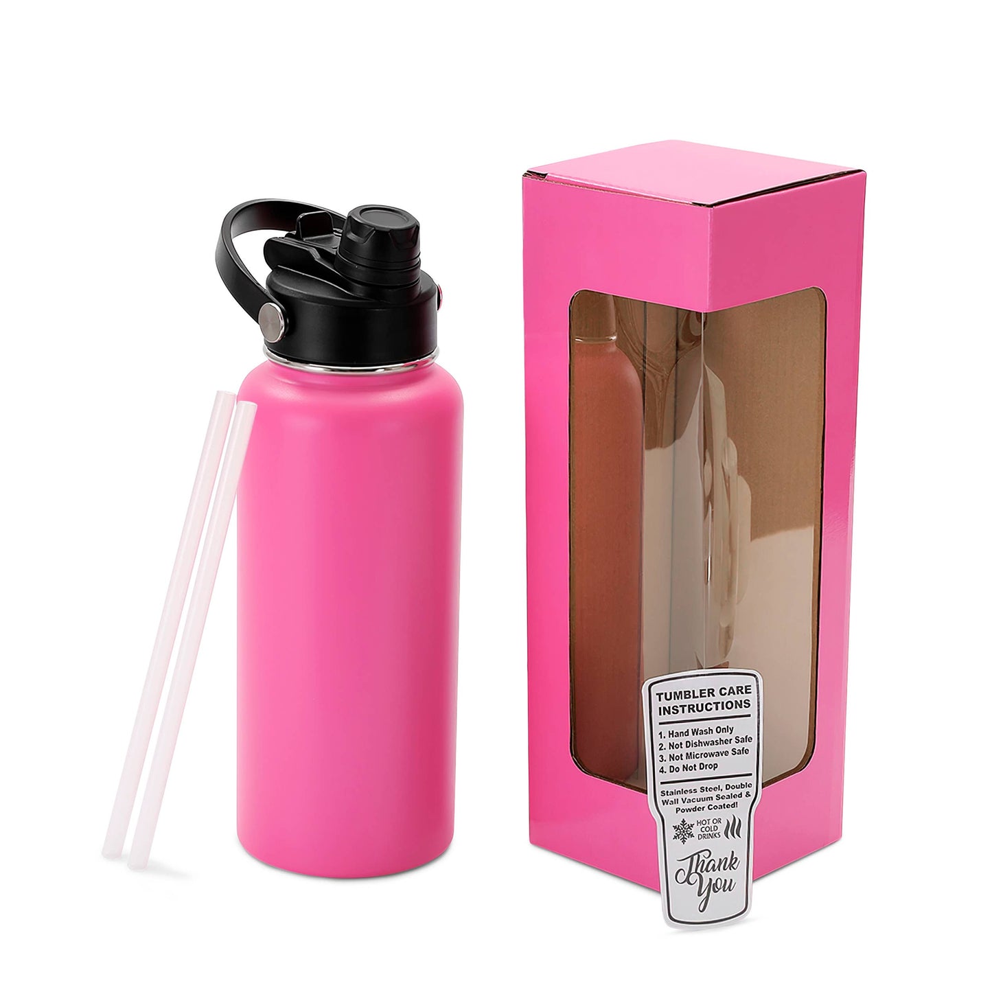Makerflo 32 oz Hydro Powder Coated Water Bottle, 2-in-1 Lid: Pink / Singles