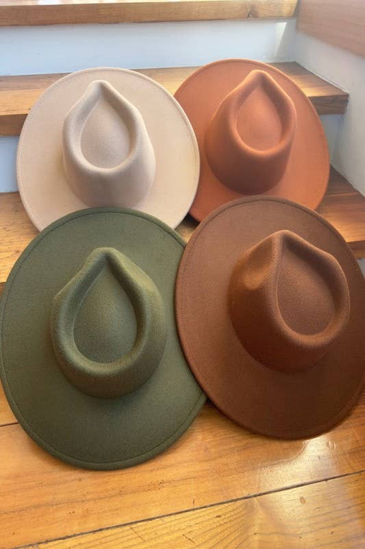 Vegan Felt Fedora Hat with Wide Stiff Flat Brim: RUST / ONE SIZE