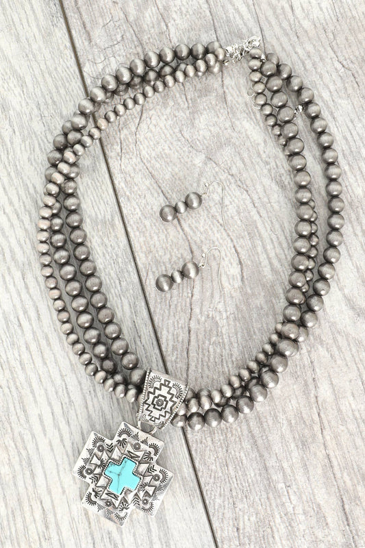 Western Metallic Rock Bead Cross Necklace Set