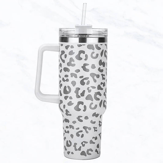 Suzie Q USA - 40 oz, Stainless Steel Laser-Cut Leopard Tumbler: White