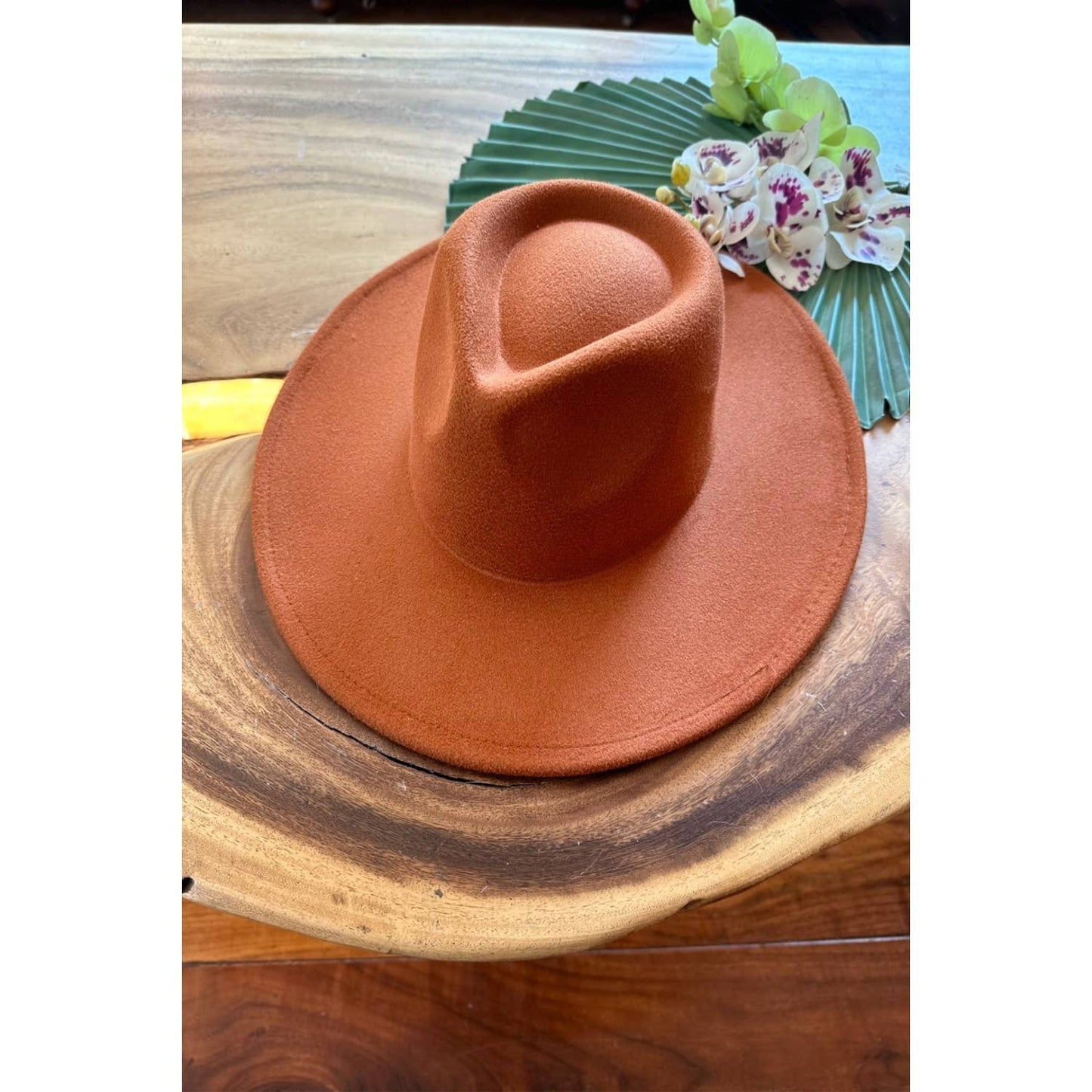 Vegan Felt Fedora Hat with Wide Stiff Flat Brim: RUST / ONE SIZE