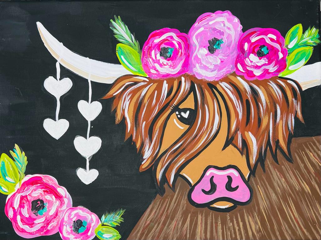 2.10.24 Saturday 6:30pm - Valentine Highland Cow Canvas