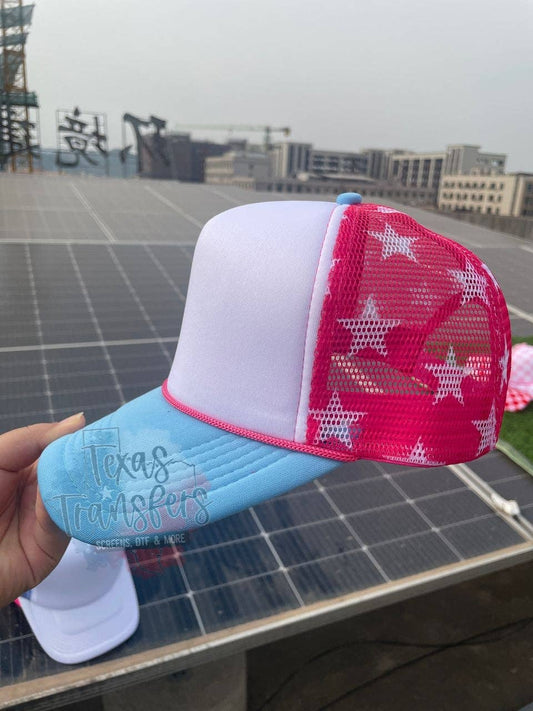 Hot Pink Star/Light Blue Trucker Hat: Single Hat