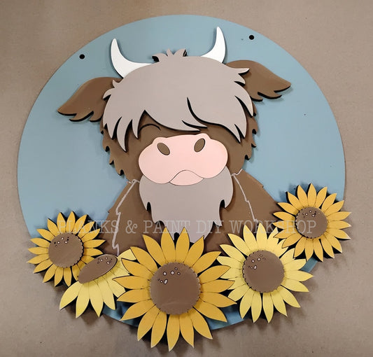 Sunflower Highland Cow Door Hanger