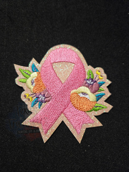Breast Cancer Glitter/Floral Ribbon Iron-On PATCH: Single Patch