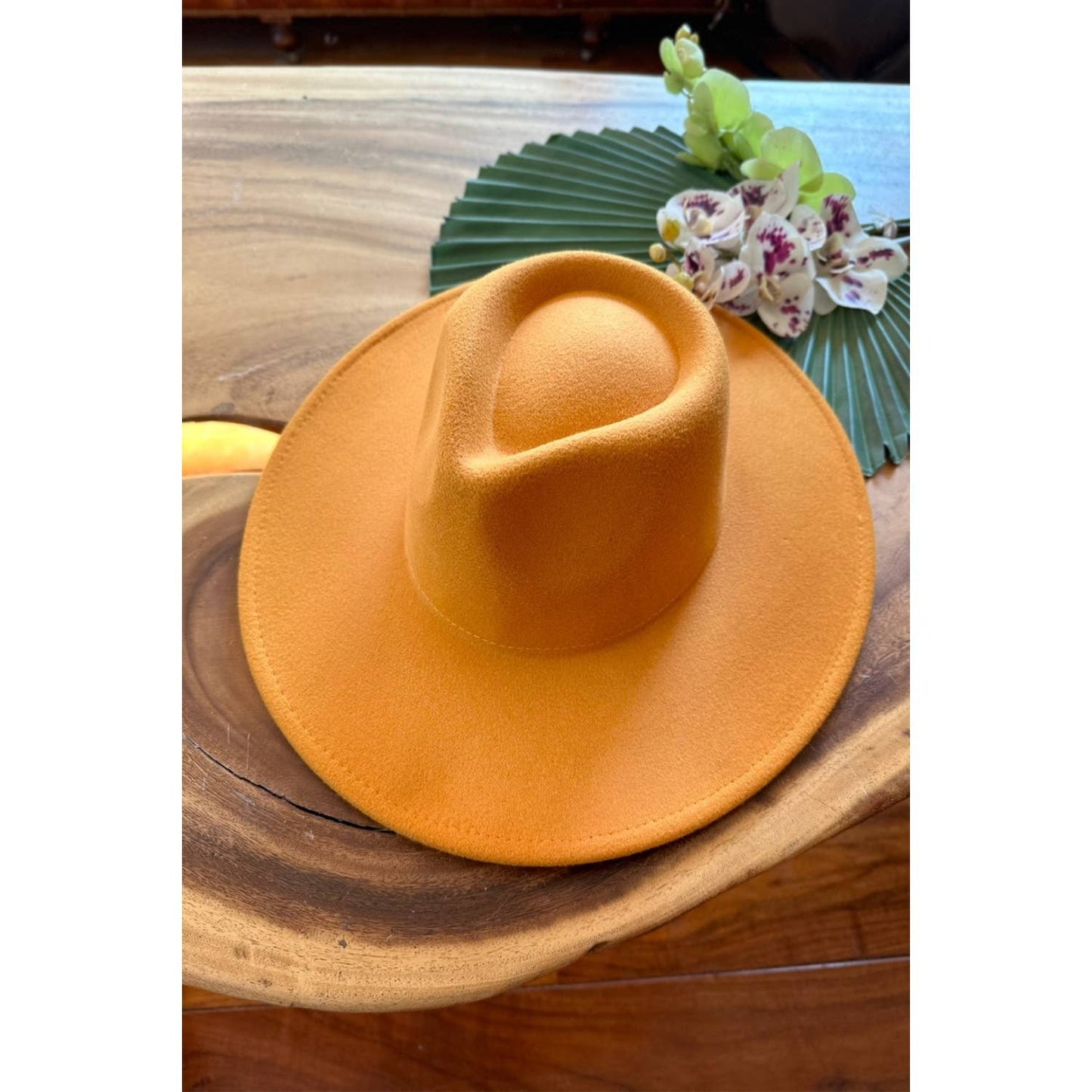 Vegan Felt Fedora Hat with Wide Stiff Flat Brim: RUST / ONE SIZE