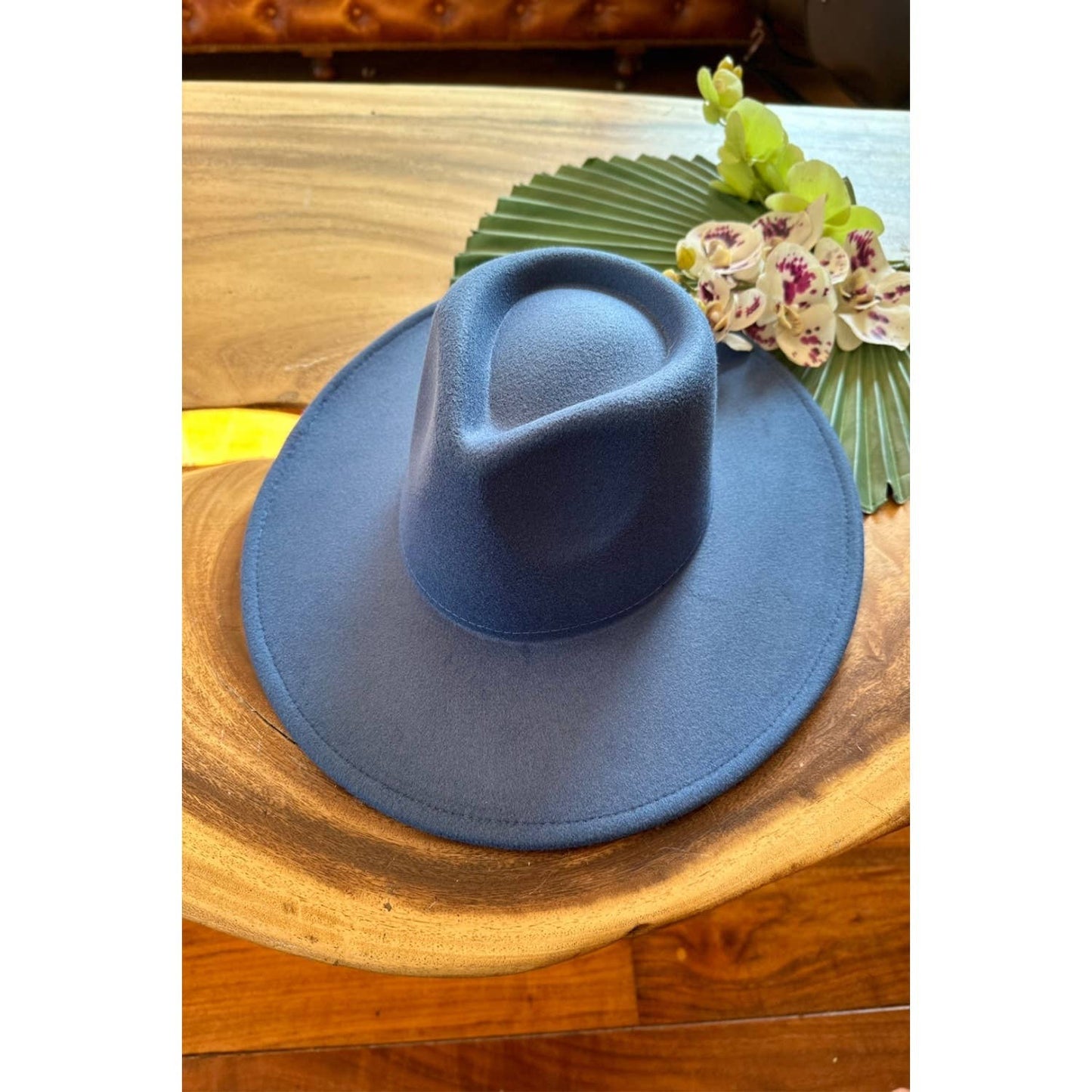 Vegan Felt Fedora Hat with Wide Stiff Flat Brim: DENIM / ONE SIZE