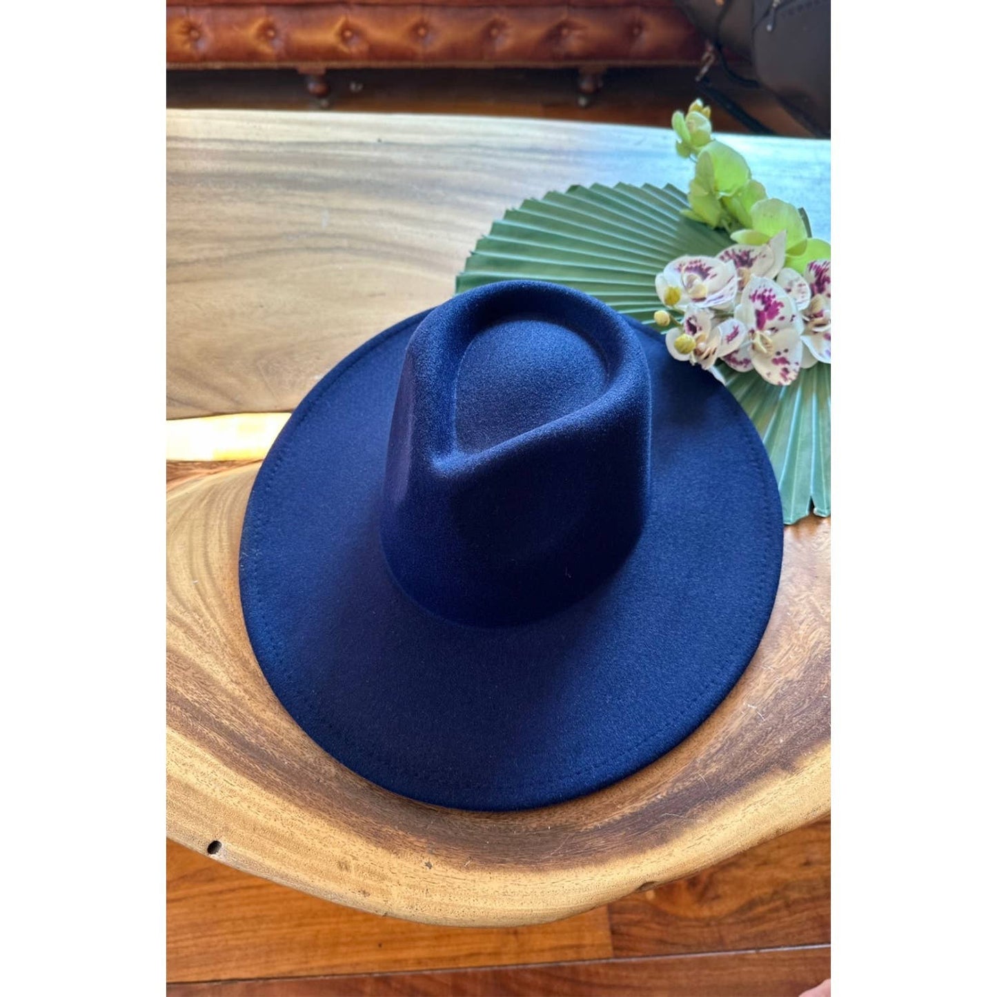 Vegan Felt Fedora Hat with Wide Stiff Flat Brim: DENIM / ONE SIZE