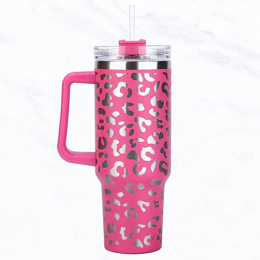 Suzie Q USA - 40 oz, Stainless Steel Laser-Cut Leopard Tumbler: Fuchsia