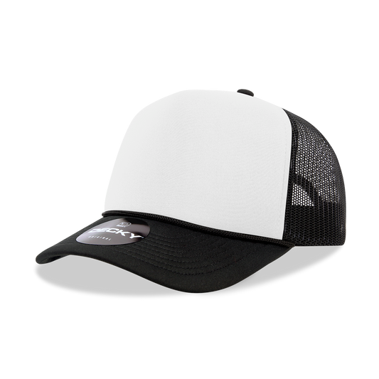 The Park Wholesale - Decky 6025 - Mid Profile, 5 Panel Foam Trucker Hat - 6025: Blk/Wht/Blk