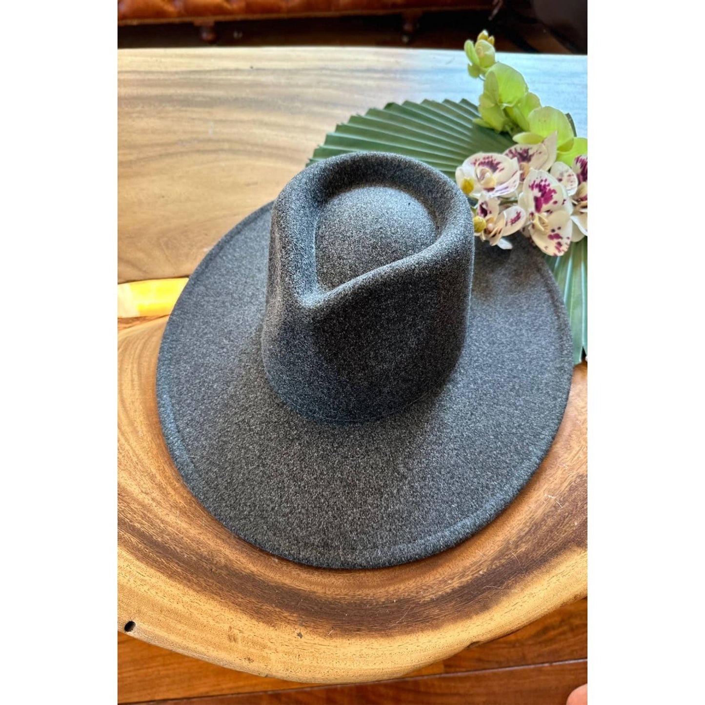 Vegan Felt Fedora Hat with Wide Stiff Flat Brim: DENIM / ONE SIZE