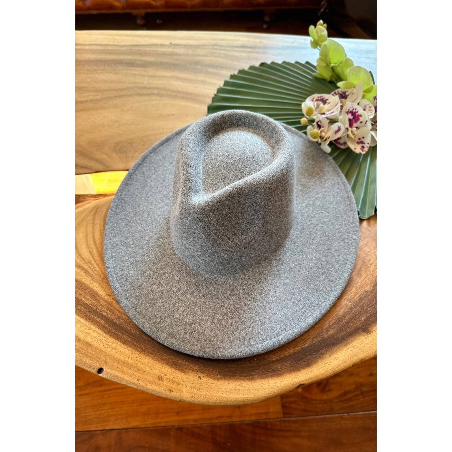 Vegan Felt Fedora Hat with Wide Stiff Flat Brim: DENIM / ONE SIZE