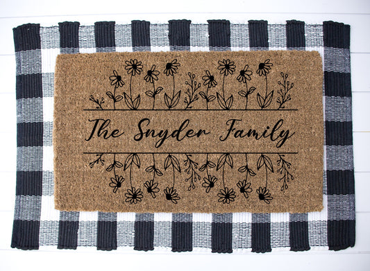 Floral Border Family Name Door Mat