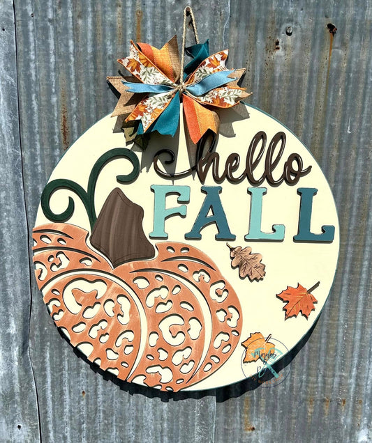 Hello Fall Leopard Pumpkin Door Hanger